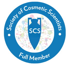 Society of Cosmetics Scientists Member Badge depicting ampoule on a background of chemical formulae in a blue circle