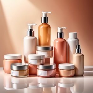 Stylish set of cosmetic and personal care products, elegantly arranged bottles and jars